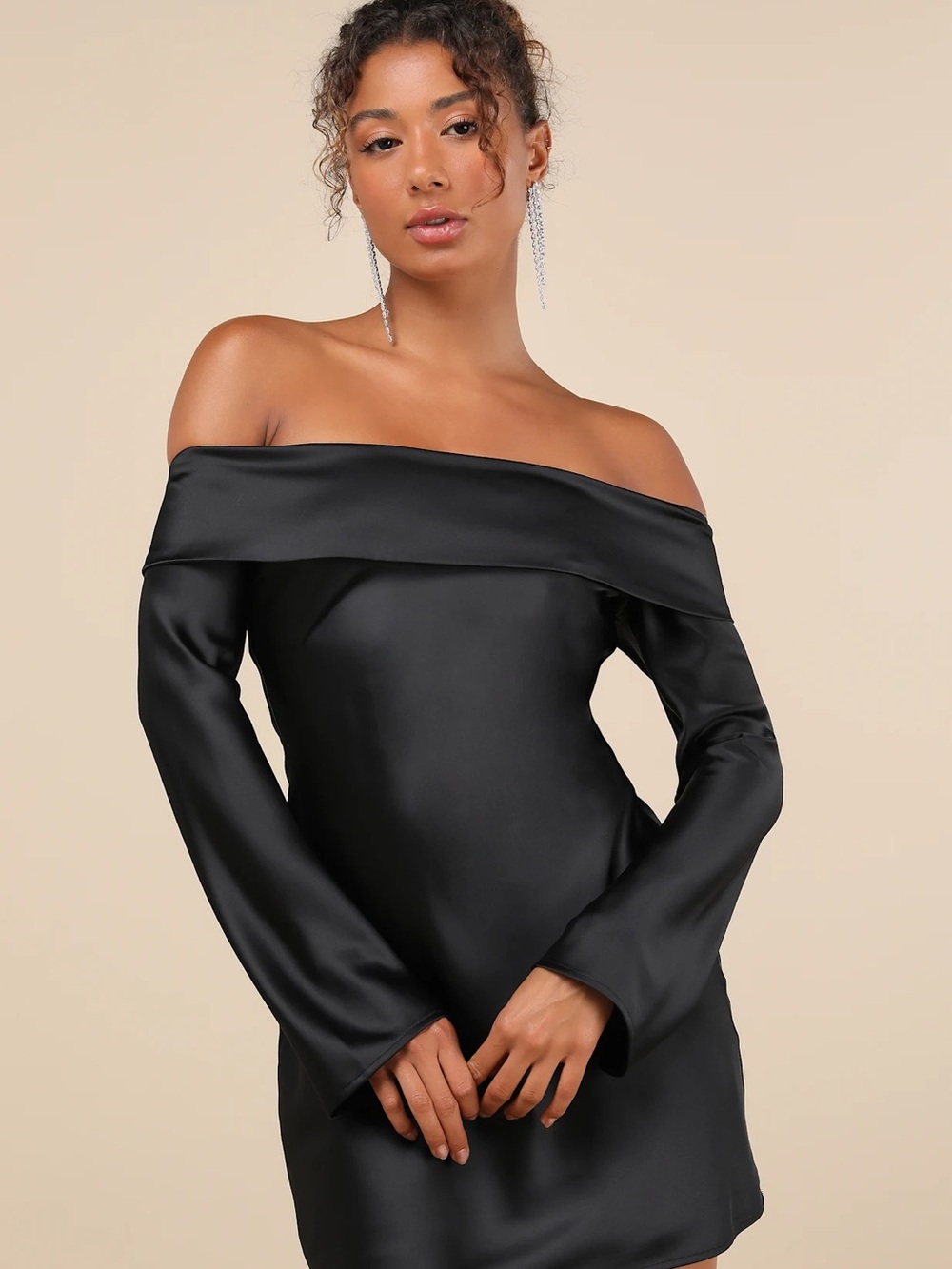Lulus NWT Luxurious Vision Black Satin Off-the-Shoulder Mini Dress Size Small